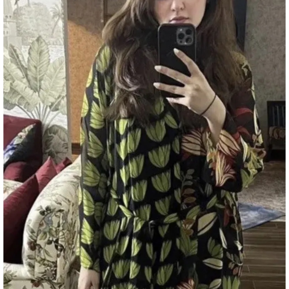 Zara Woman Long Loose-Fitting Shirt Dress With Belt Green - Picture 2 of 5